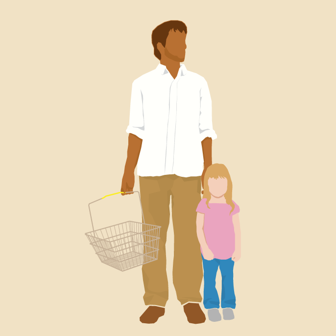 The same shopper pushing a cart with kids in tow